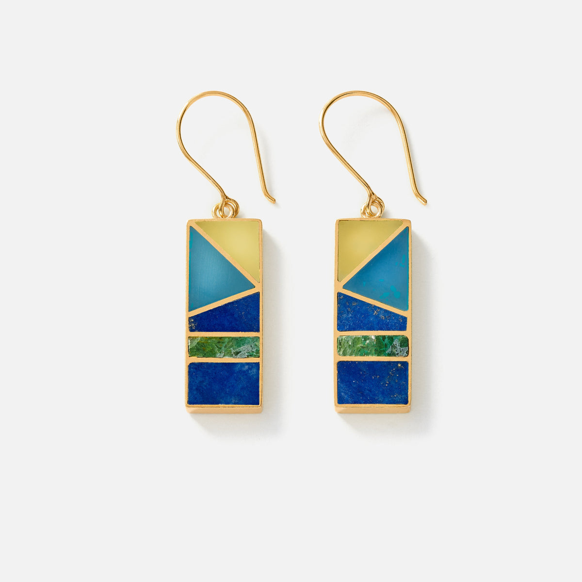 A pair of gold-tone geometric drop earrings with blue, green, and gold inlay details, displayed on a clean white background.