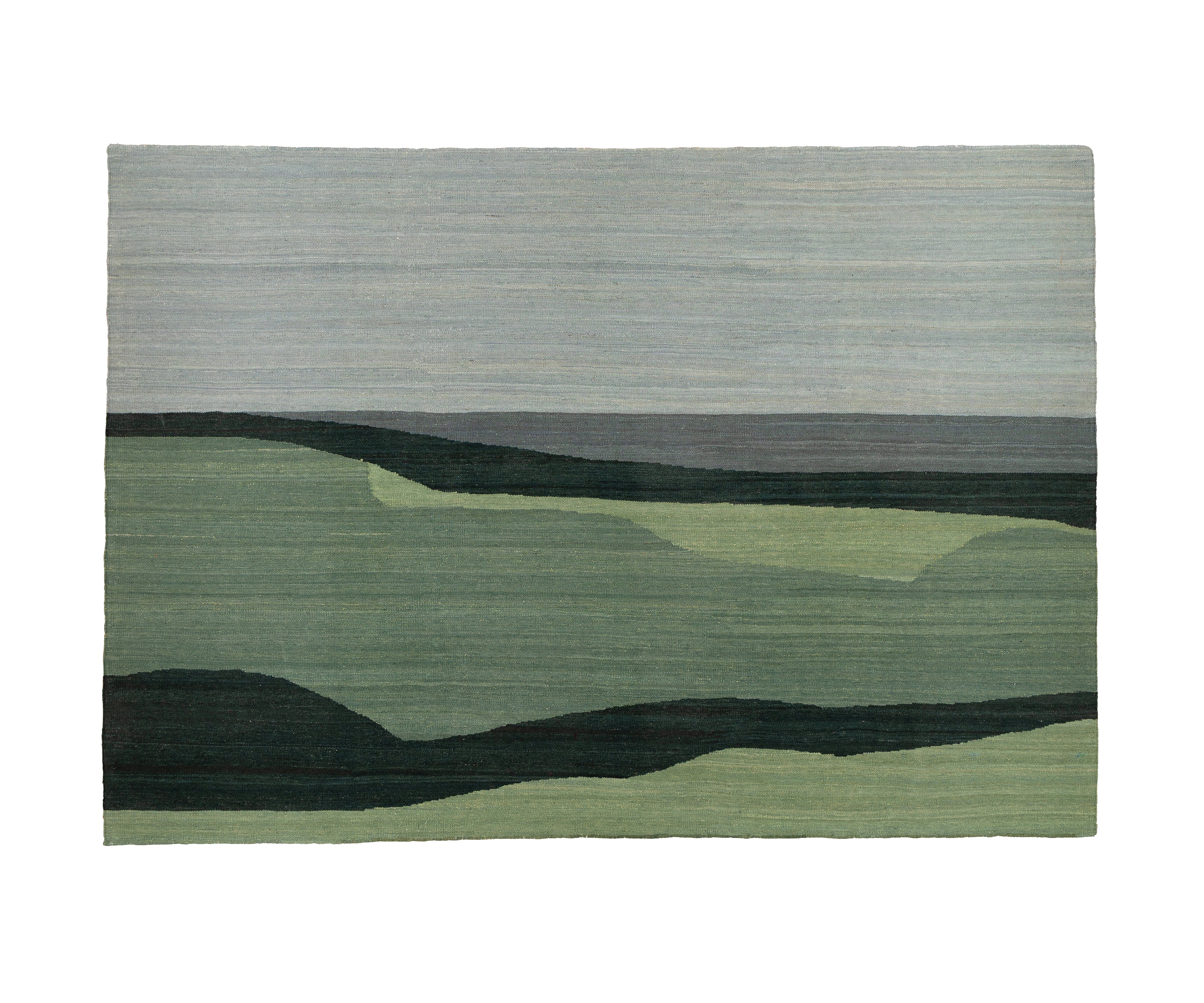 A rectangular area rug with a minimalist landscape design featuring layered green hills and dark forest green valleys under a muted gray-blue sky, shown flat against a white background.