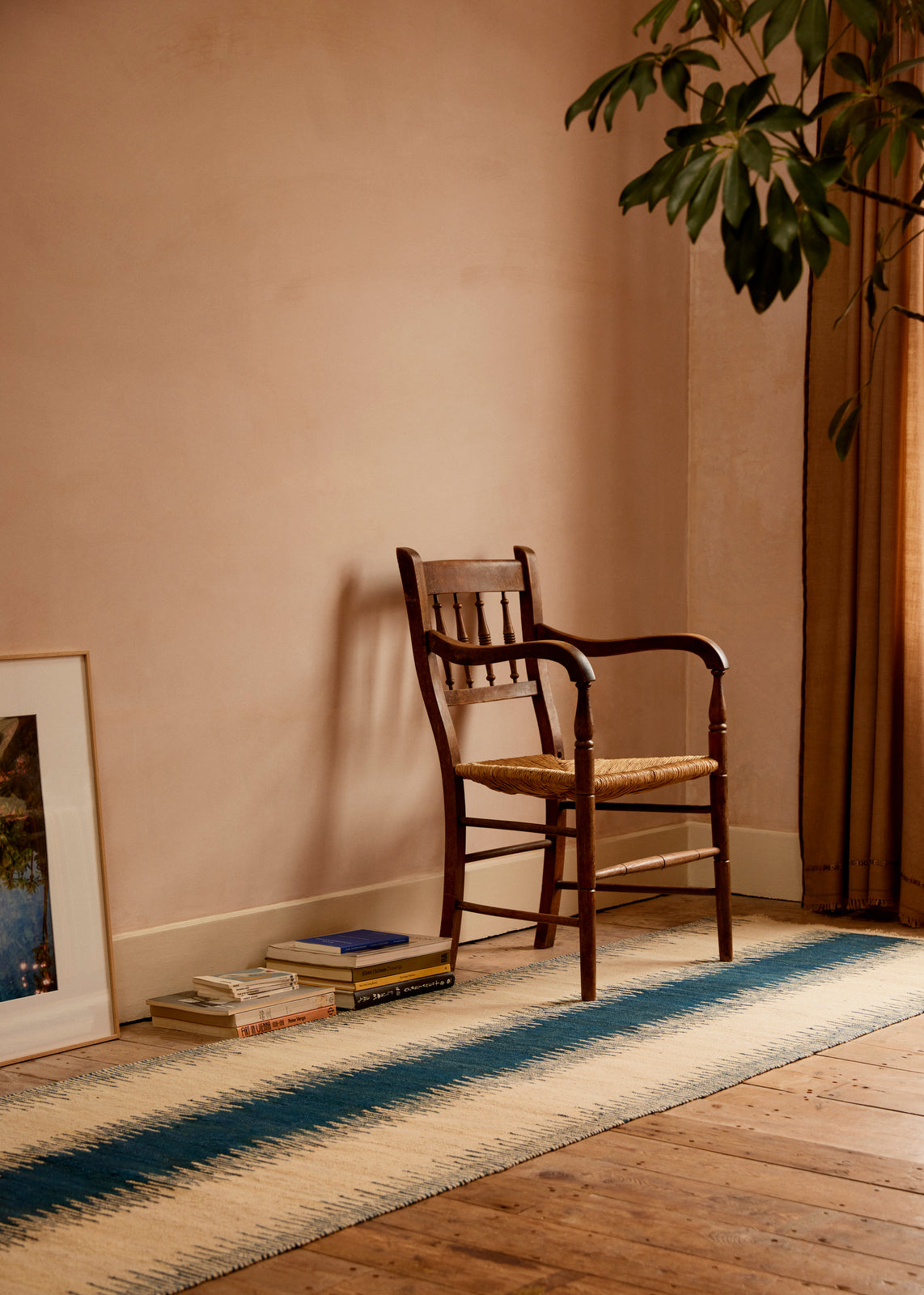 navy and creme handwoven Afghan wool runner lifestyle