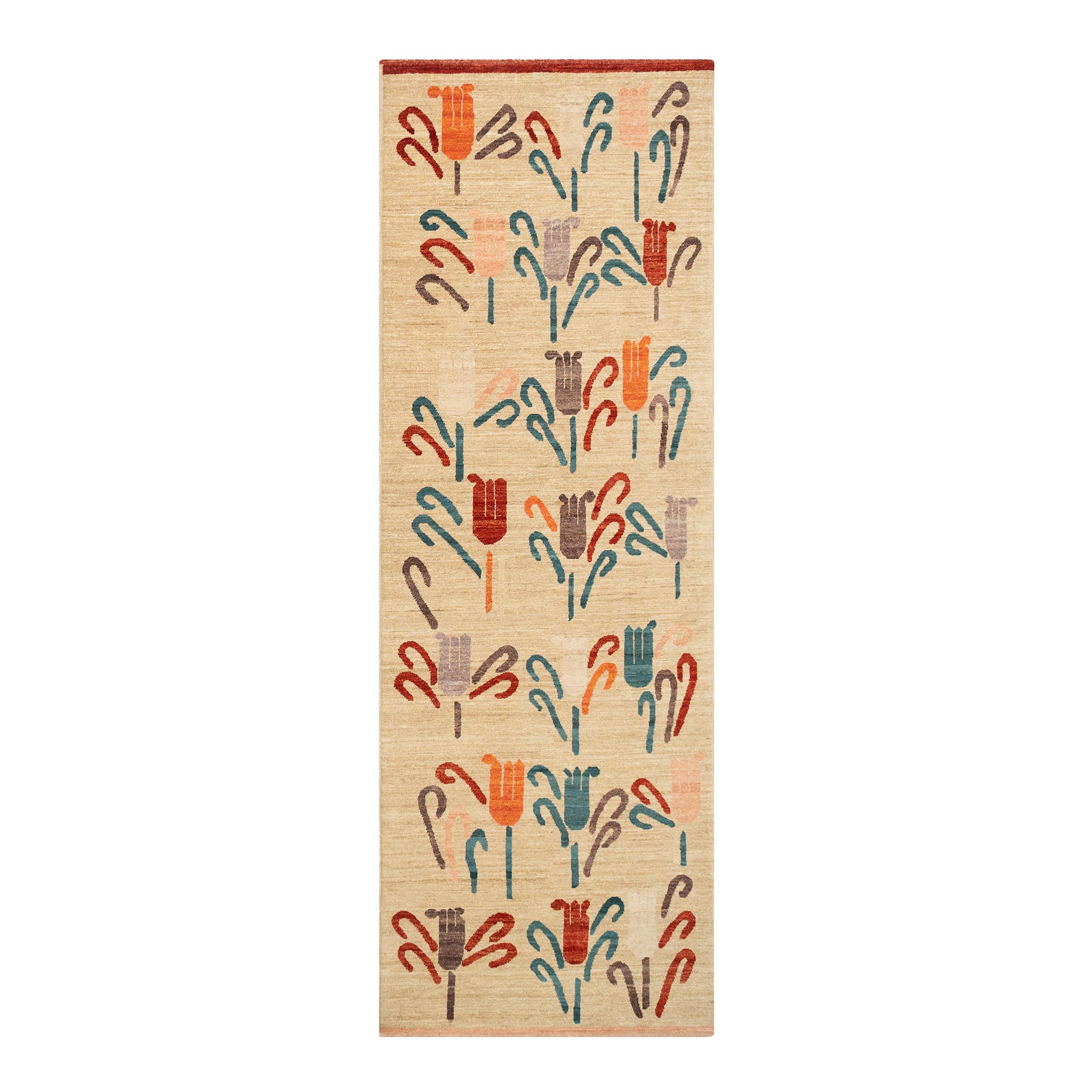 Floral wool runner. Inspired by the flower fields of Afghanistan, ISHKAR's Laleh Hand-knotted Runner features rows of colourful tulips on a warm beige base.