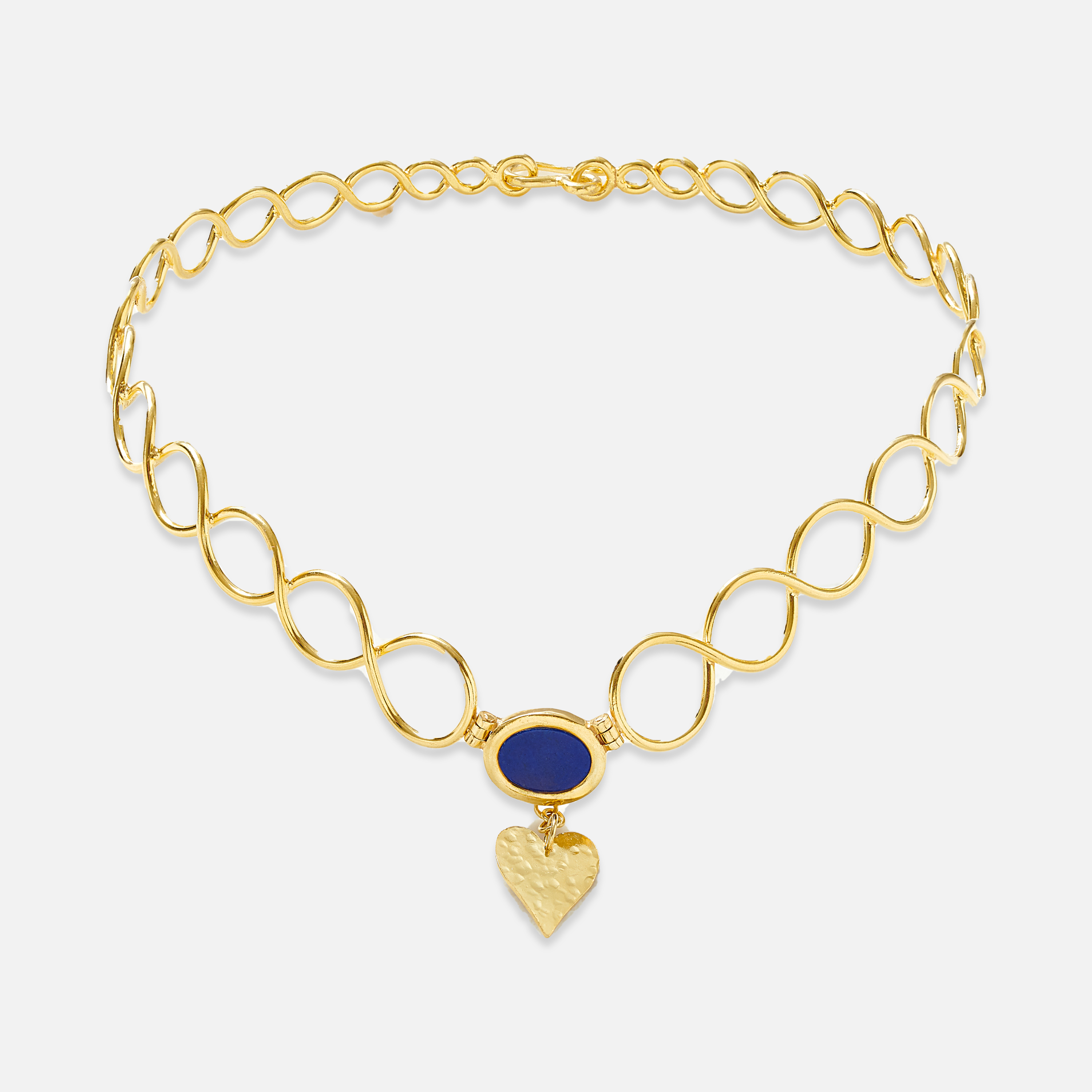A gold-plated sterling silver choker necklace with a heart-shaped pendant and a central blue stone, part of the 'Lapis Infinite Choker' collection.
