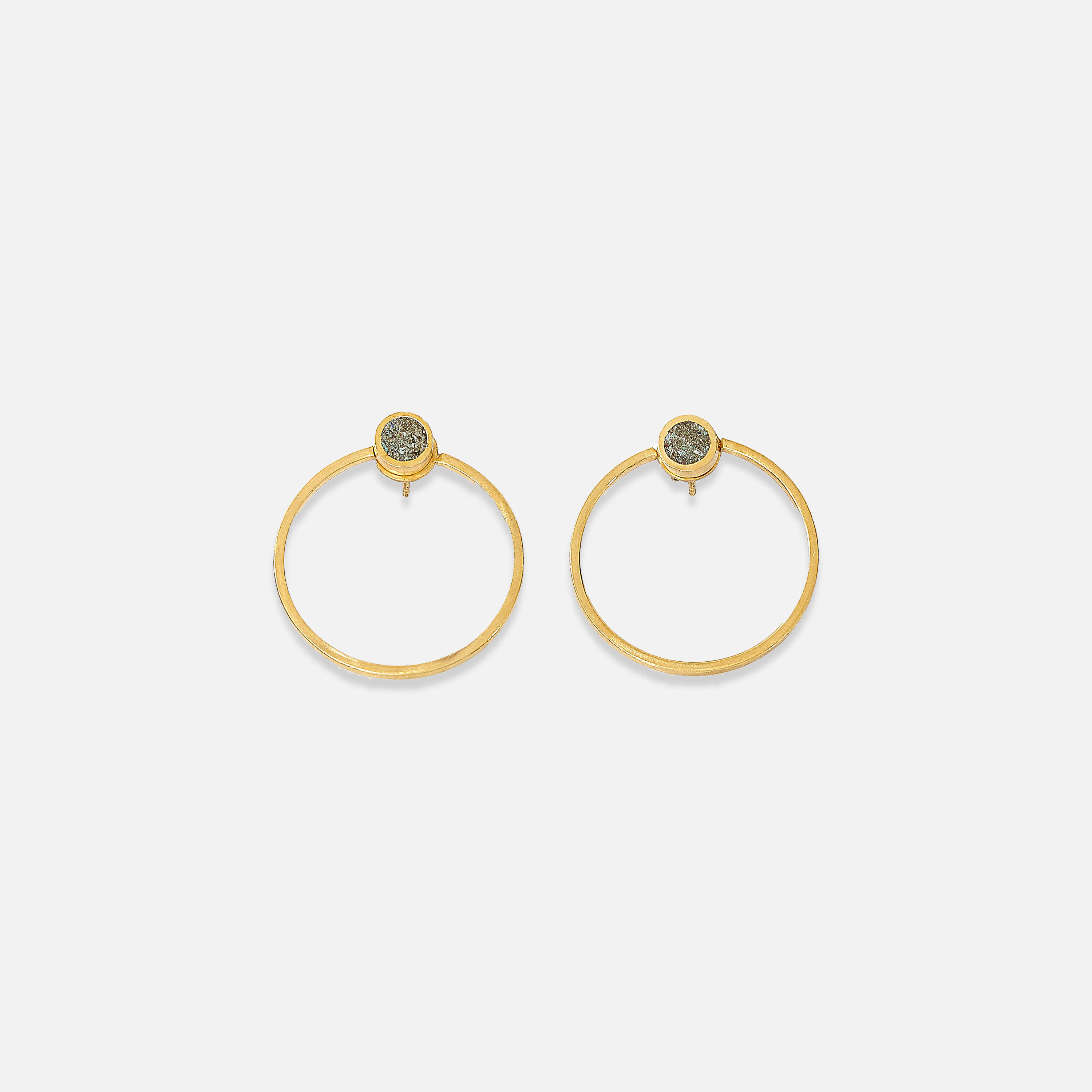 A pair of gold-plated sterling silver earrings with a Bamiyan turquoise stud detail at the top, displayed against a white background.