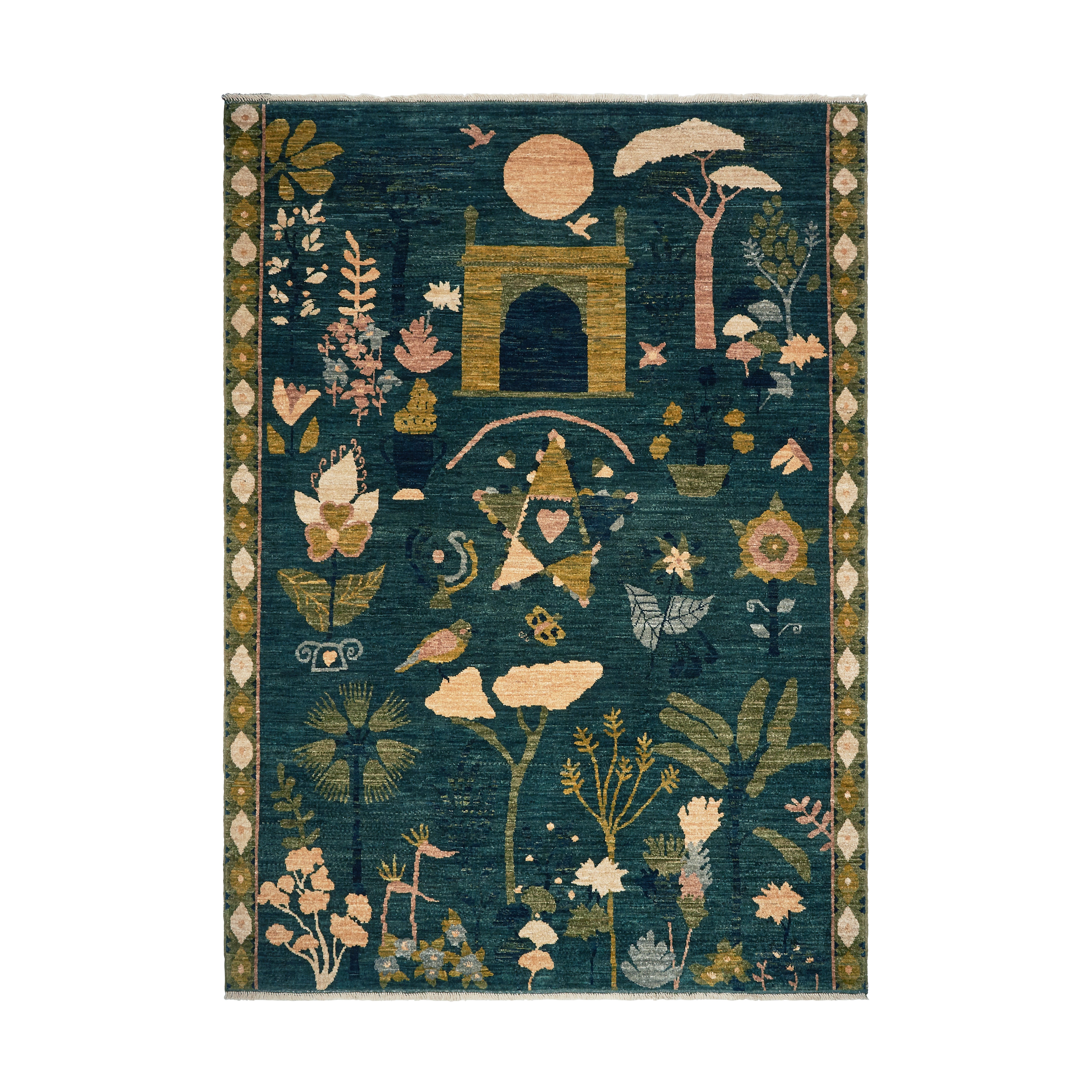 Kabul Sunset Bouquet Hand-knotted Rug - Emerald