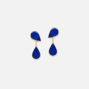 A pair of Chasma Lapis Lazuli drop earrings with gold plating on sterling silver, set against a white background.