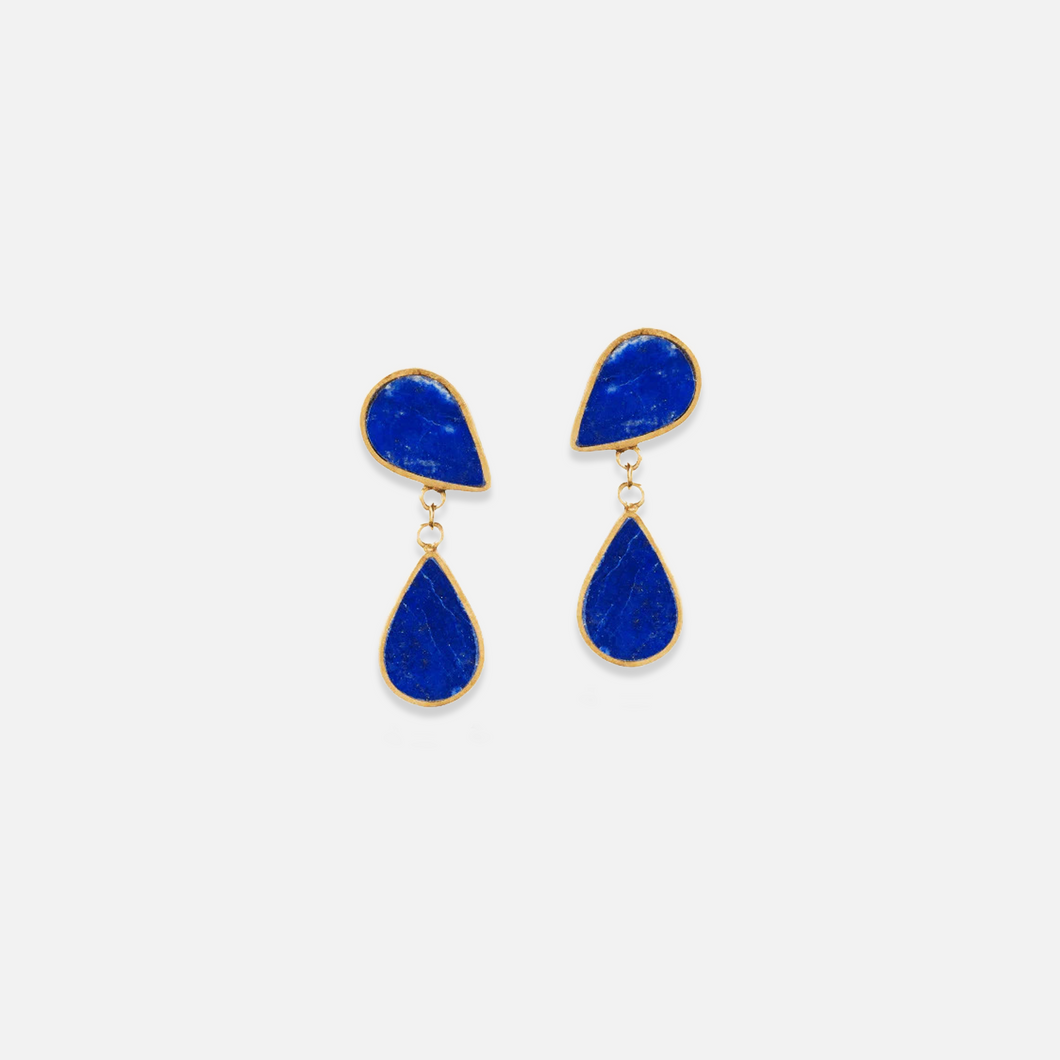A pair of Chasma Lapis Lazuli drop earrings with gold plating on sterling silver, set against a white background.