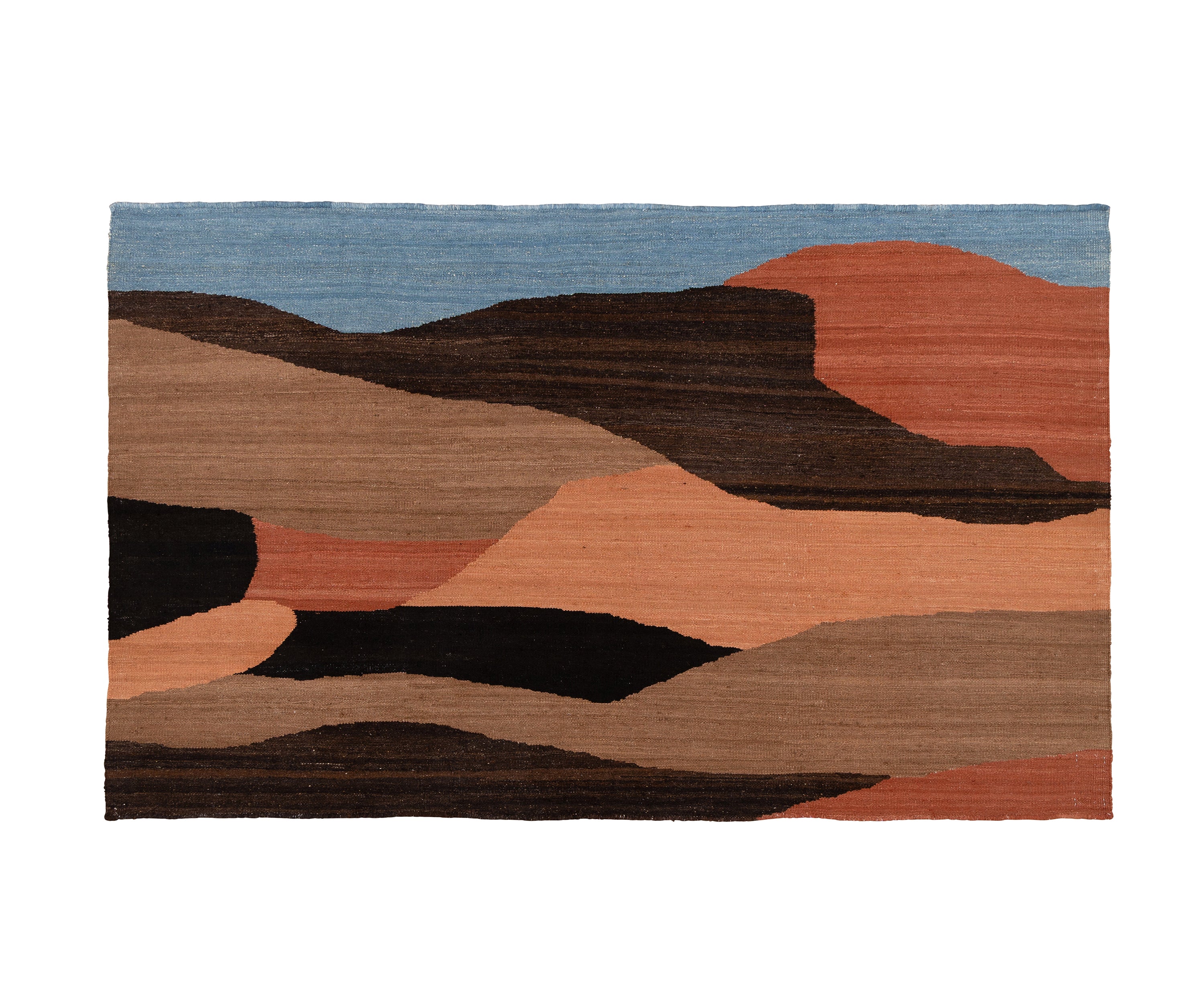 Abstract flatweave rug design showing a mountainous landscape in colour blocks of terracotta, brown and blue.