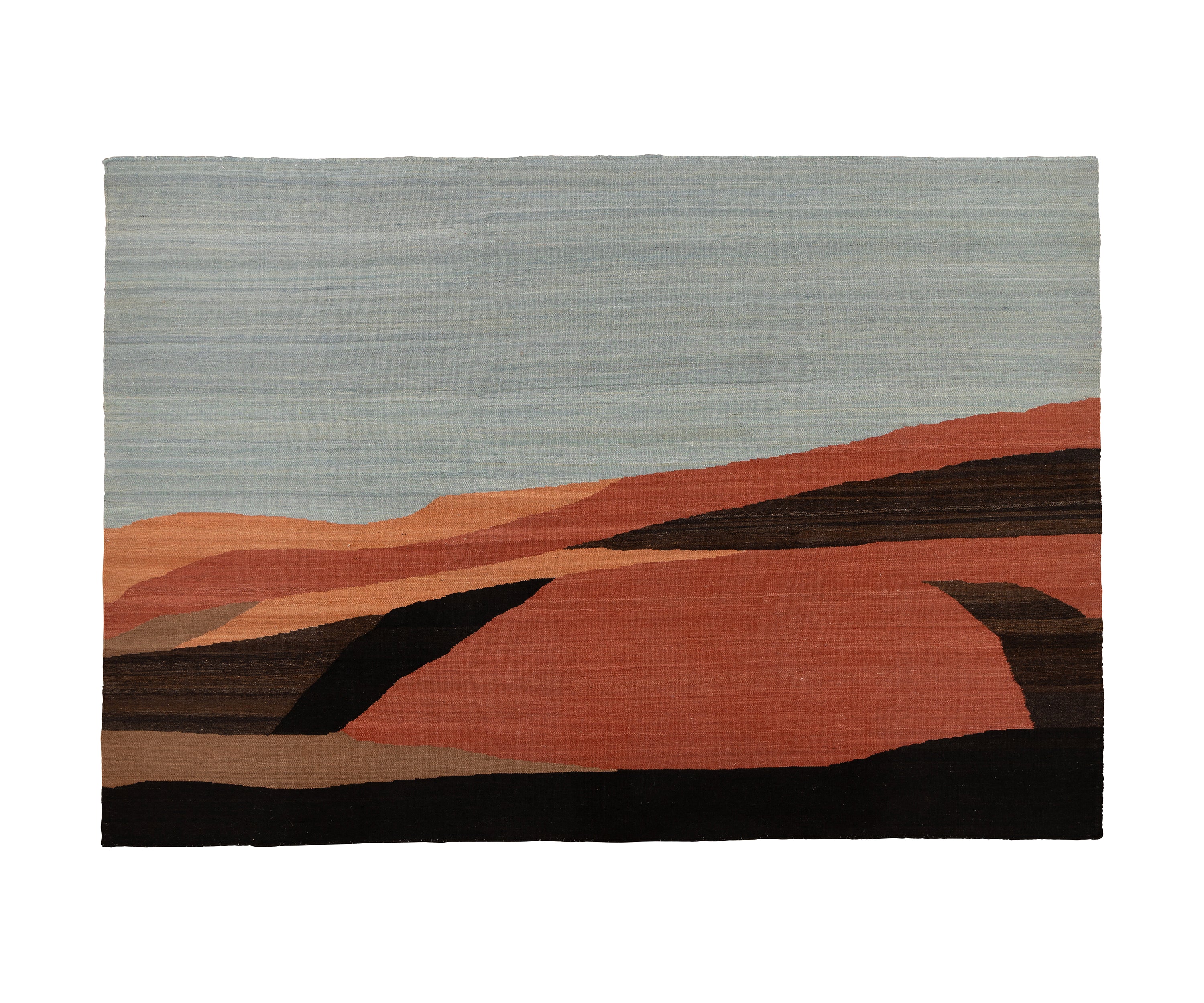 Woven flatweave rug with abstract landscape design featuring angular shapes in terracotta, brown and sky blue.