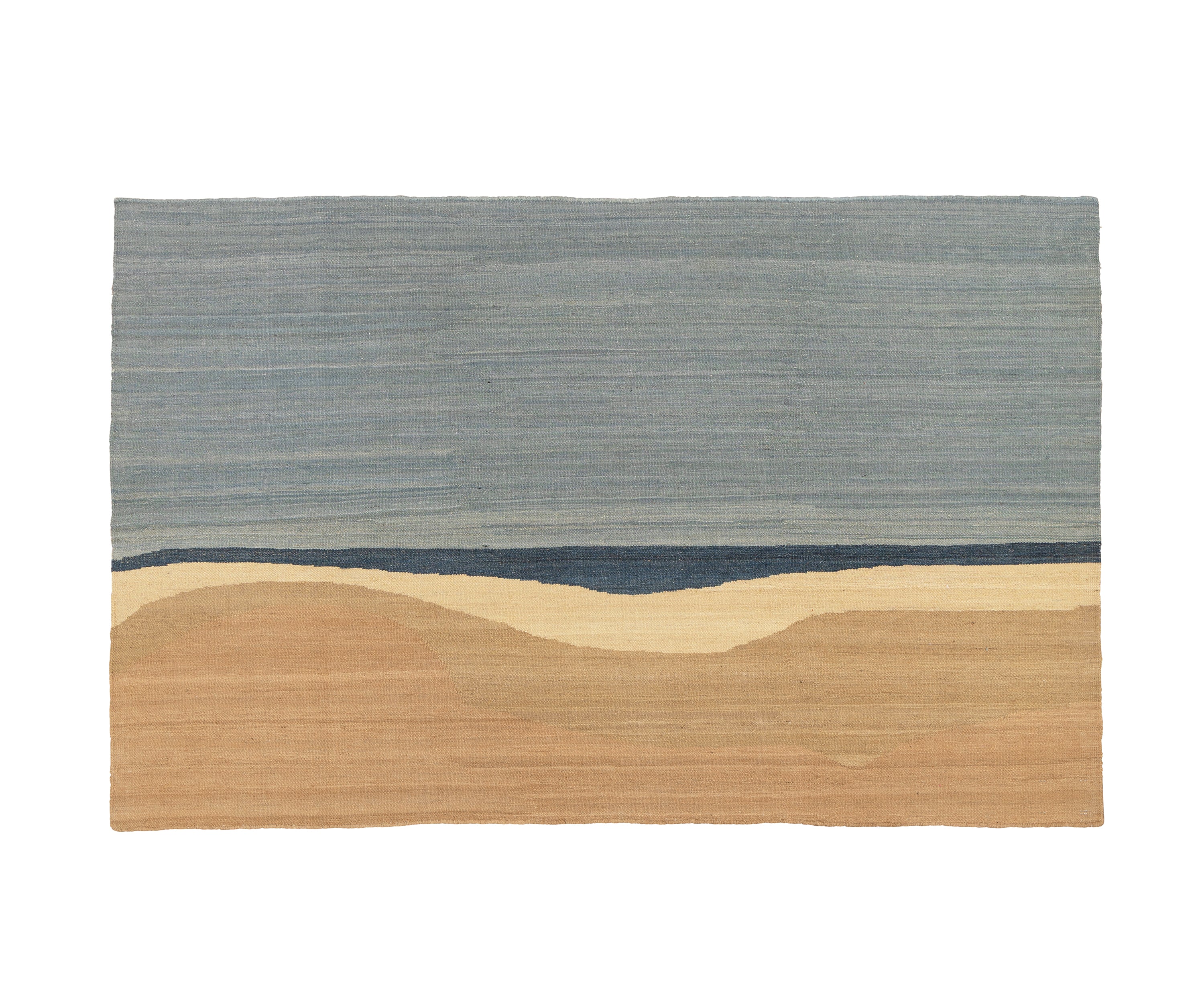 Rectangular flatweave rug with design of a sandy Norfolk beach with a large blue sky.