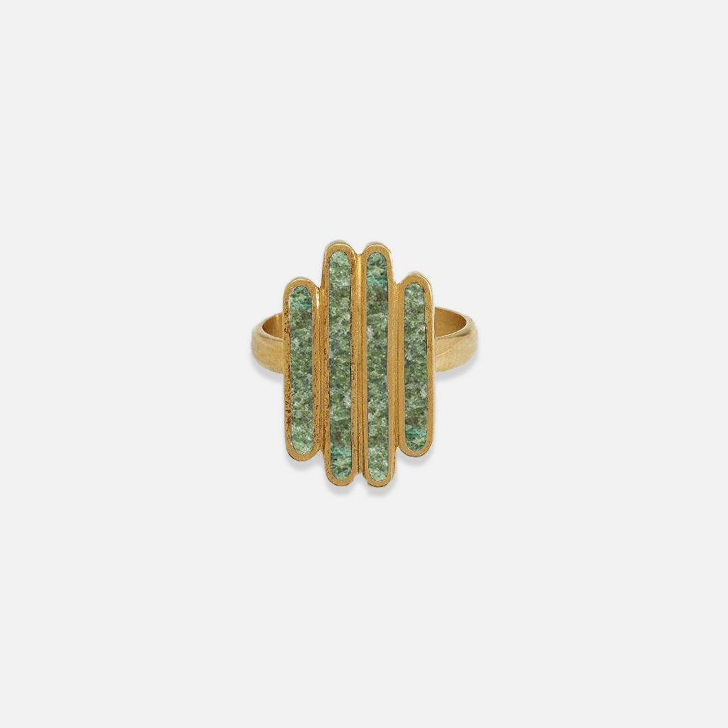 A gold-plated sterling silver ring with Bamiyan Turquoise, inspired by the view of Afghanistan’s verdant fields.