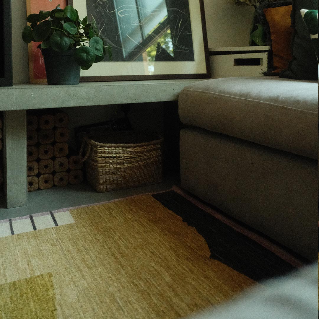 Living room corner with hand-knotted wool rug