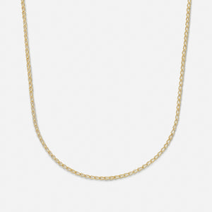 A gold-plated sterling silver handmade chain necklace with a clasp, laid out on a plain background.