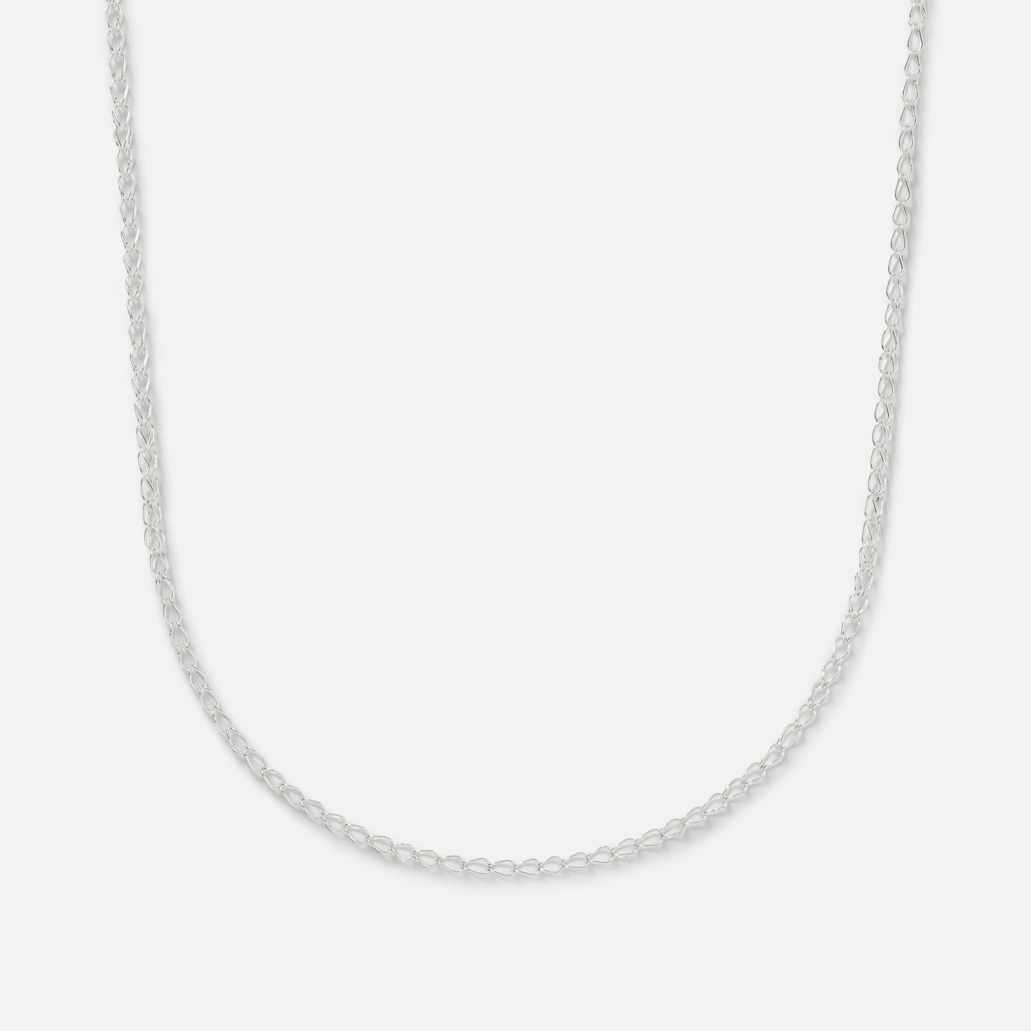 A sterling silver handmade chain necklace with a clasp, laid out on a plain background.