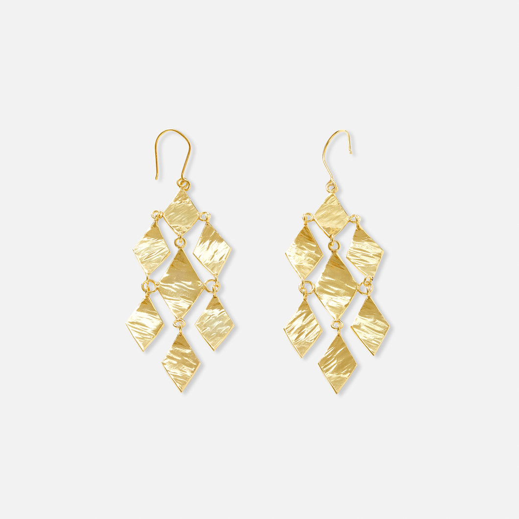 A pair of gold-colored chandelier earrings with a geometric pattern.