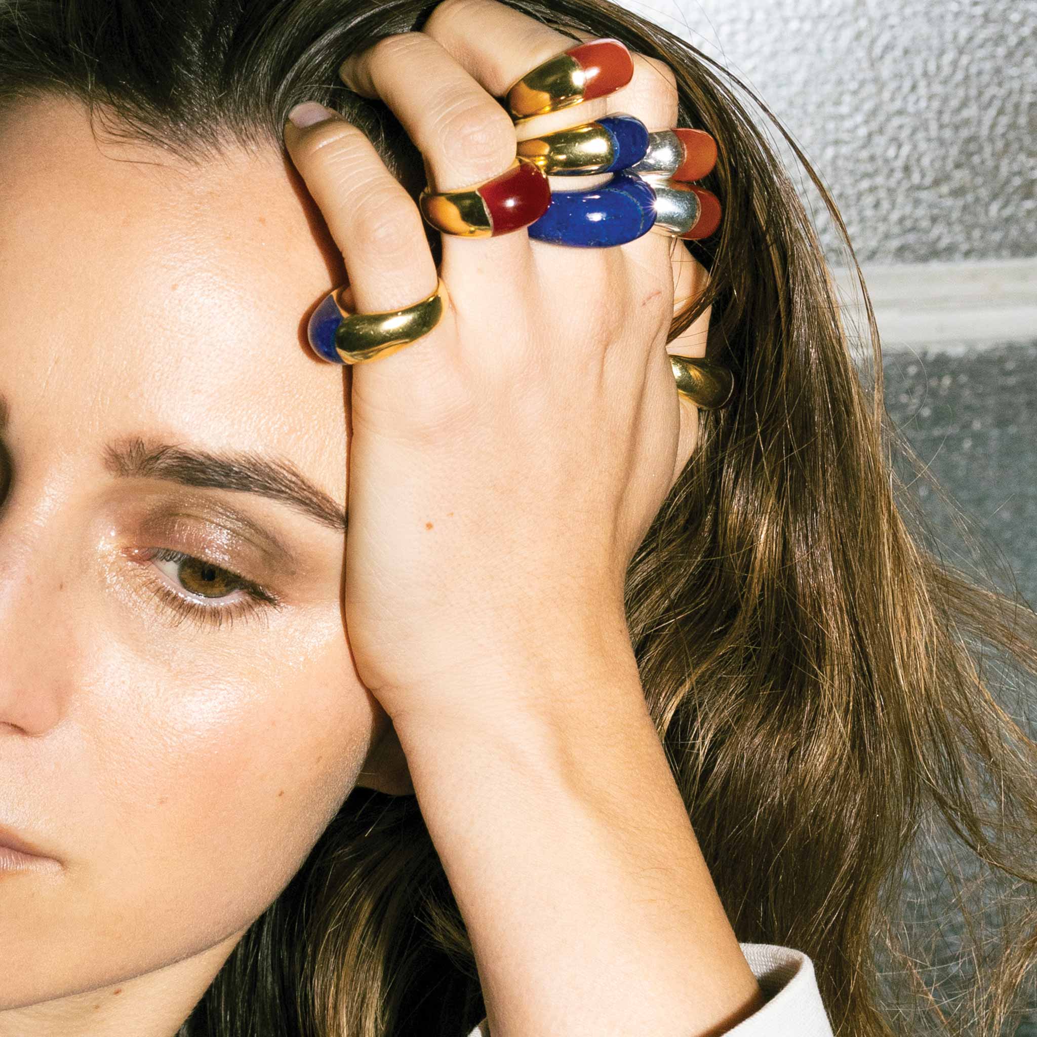 Silver and Gold-Plated Carnelian and Lapis Chunky Rings - ISHKAR