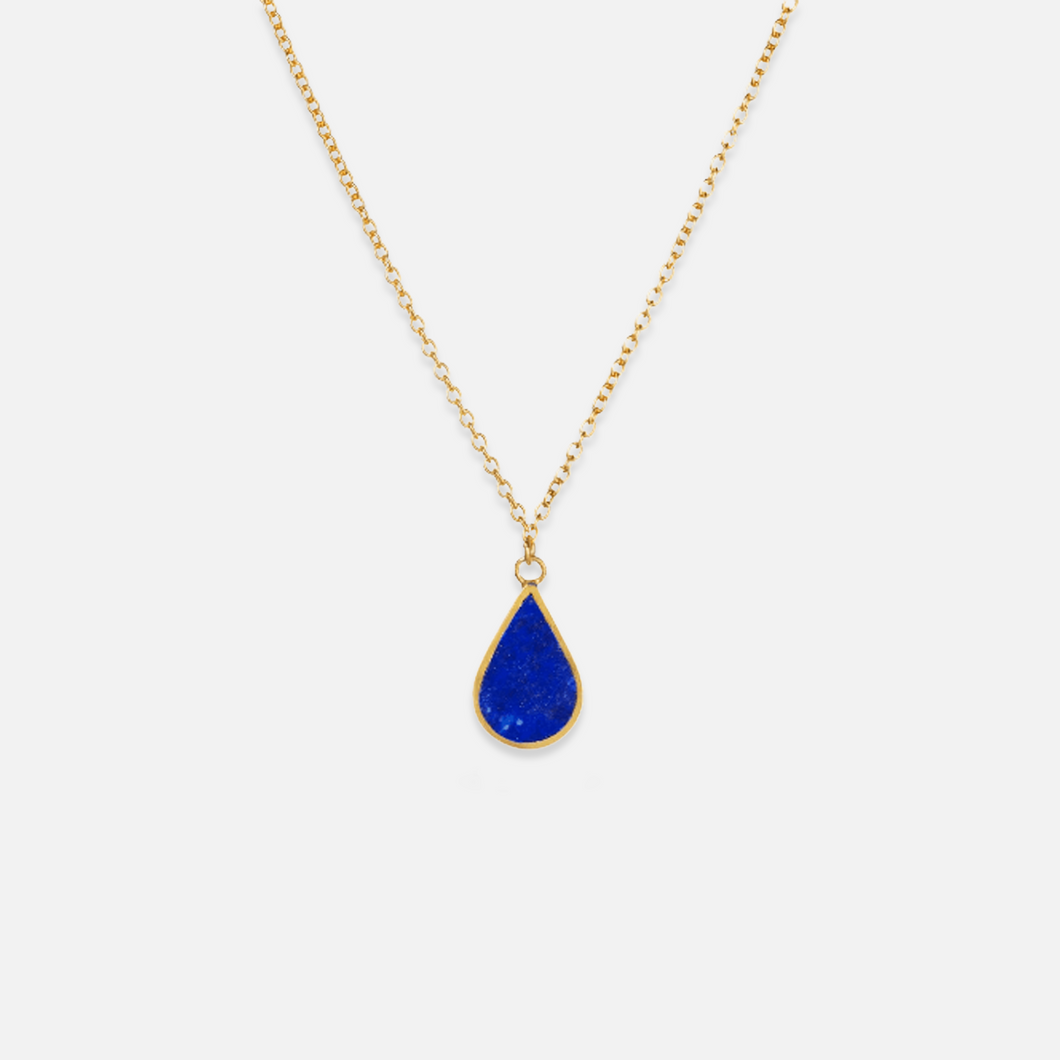 A gold plated sterling silver necklace with a teardrop-shaped blue Lapis Lazuli pendant.