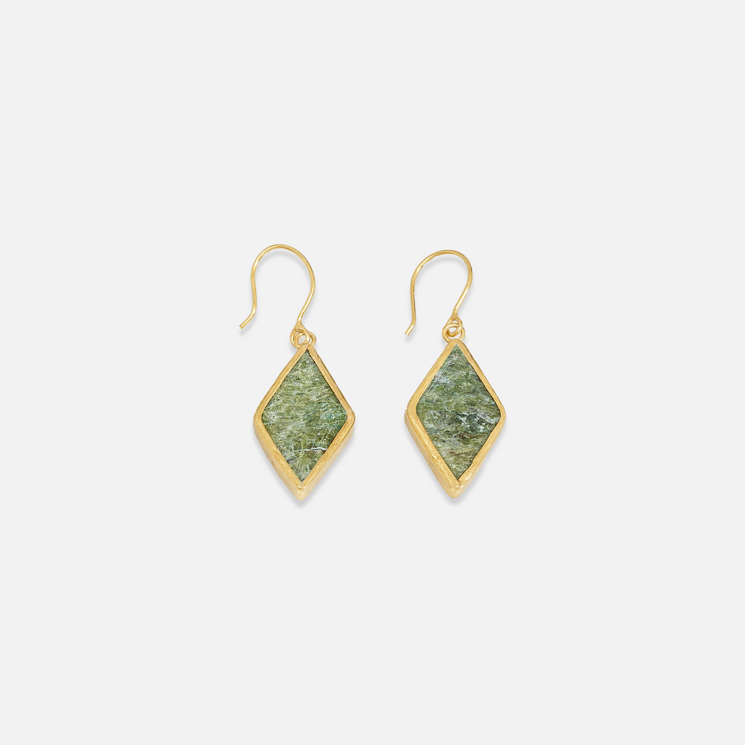 A pair of gold-plated sterling silver earrings with turquoise chrysocolla stones, set against a white background.