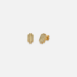 A pair of gold-colored stud earrings set with a chrysocolla, against a white background.