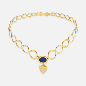 A gold-plated sterling silver choker necklace with a heart-shaped pendant and a central blue stone, part of the 'Lapis Infinite Choker' collection.