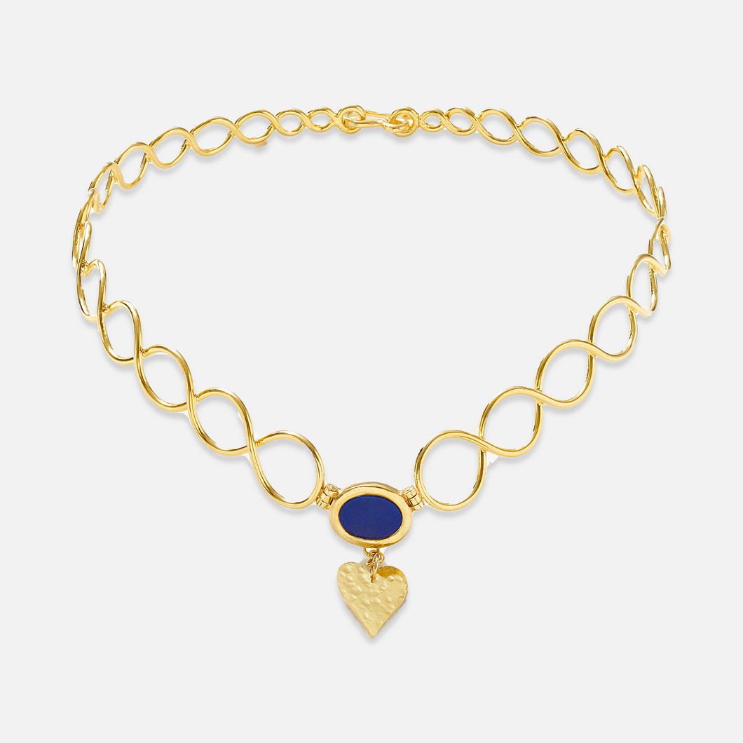 A gold-plated sterling silver choker necklace with a heart-shaped pendant and a central blue stone, part of the 'Lapis Infinite Choker' collection.