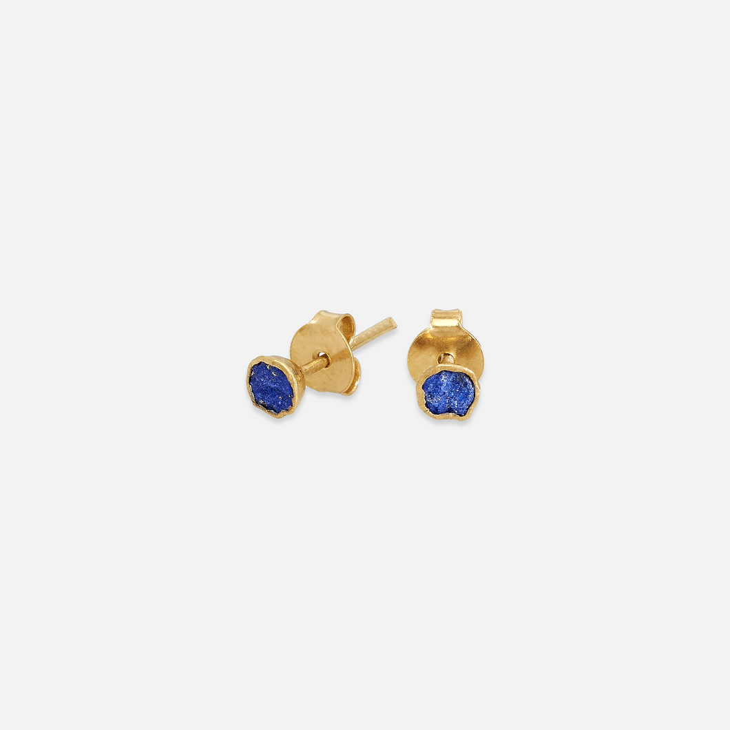 A pair of gold stud earrings with blue Lapis Lazuli inserts, presented against a white background.