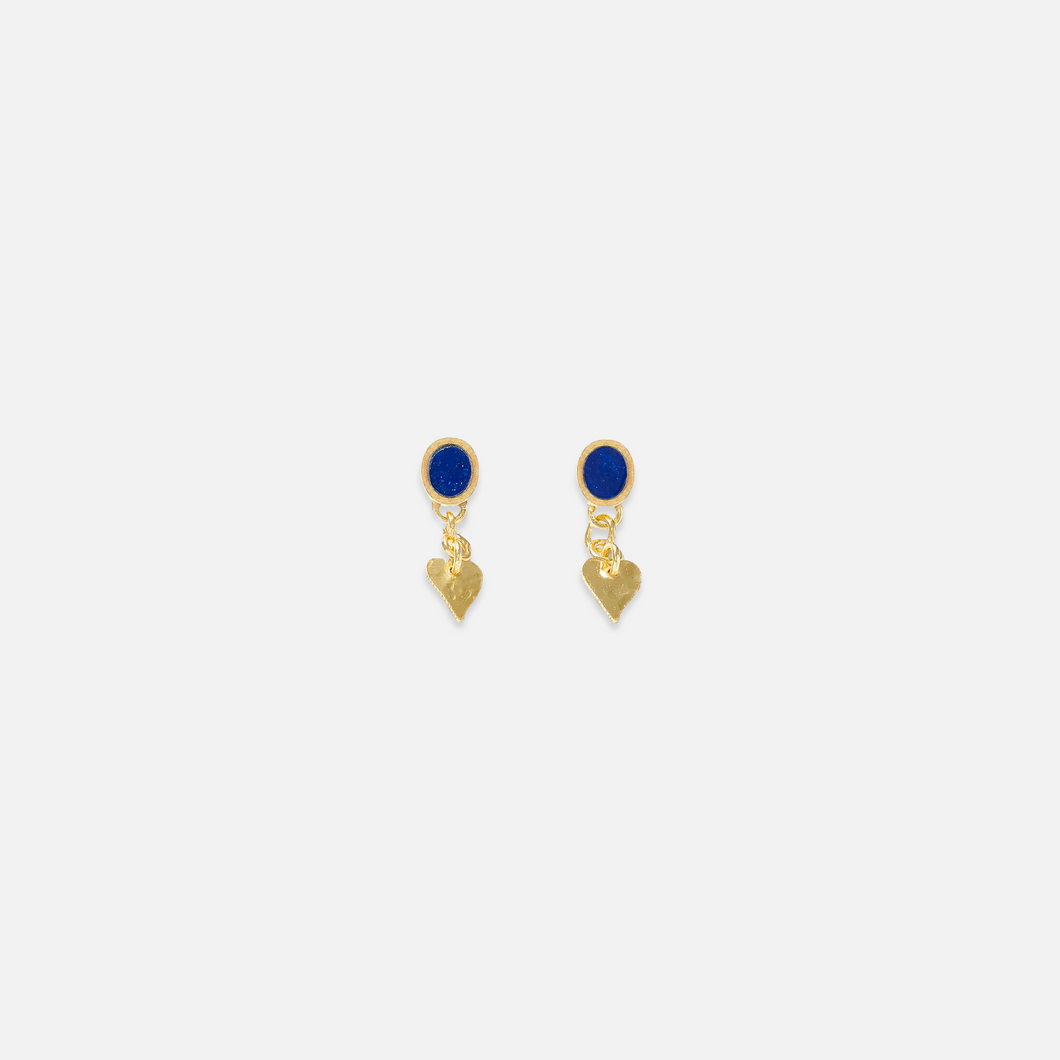 A pair of drop earrings featuring blue studs and gold heart-shaped pendants.