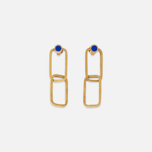 A pair of gold-plated sterling silver earrings with lapis lazuli accents, featuring a geometric design with two connected rectangular shapes and a single blue stone at the top.
