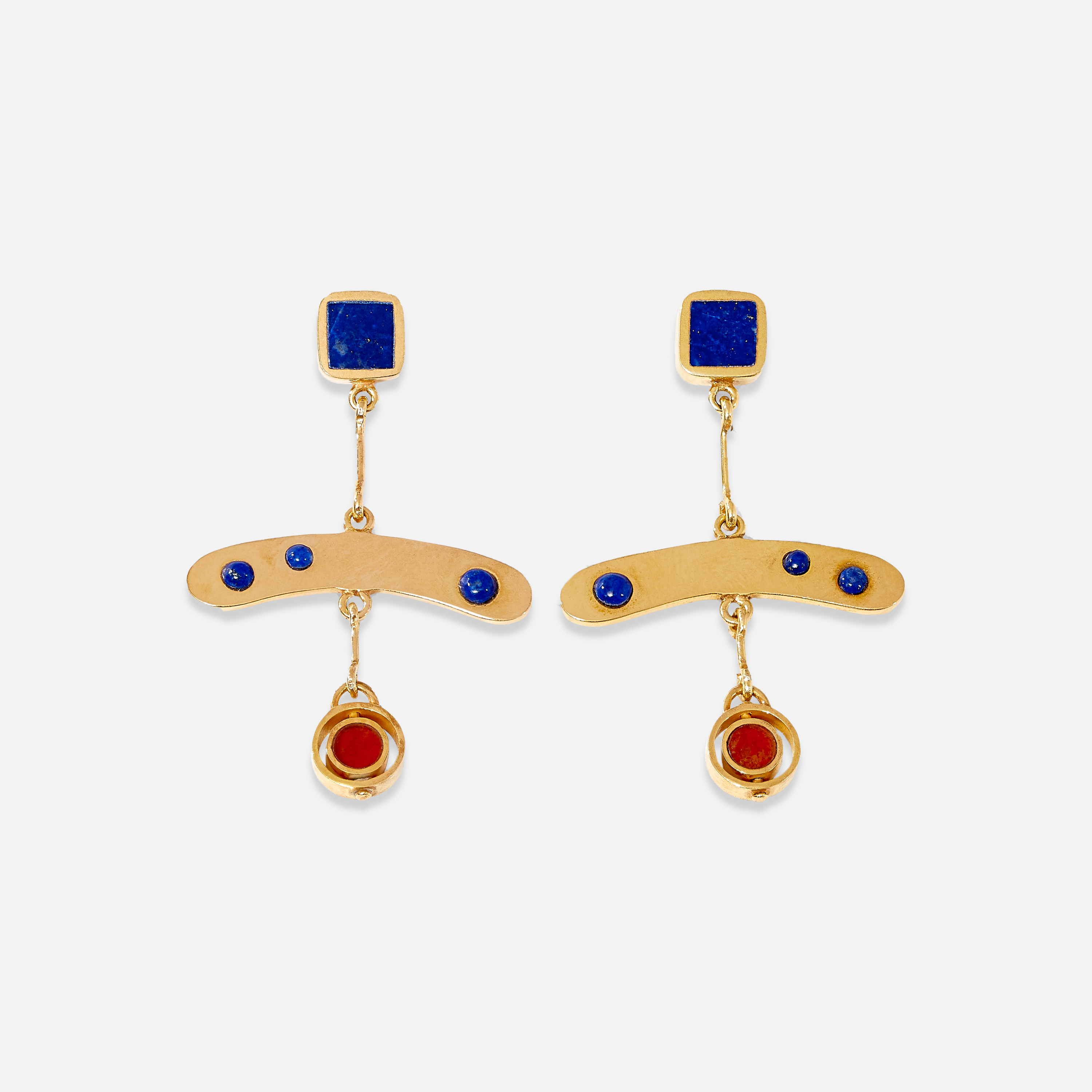 A pair of gold-colored earrings with blue and red gemstones, crafted from sterling silver with gold plating.