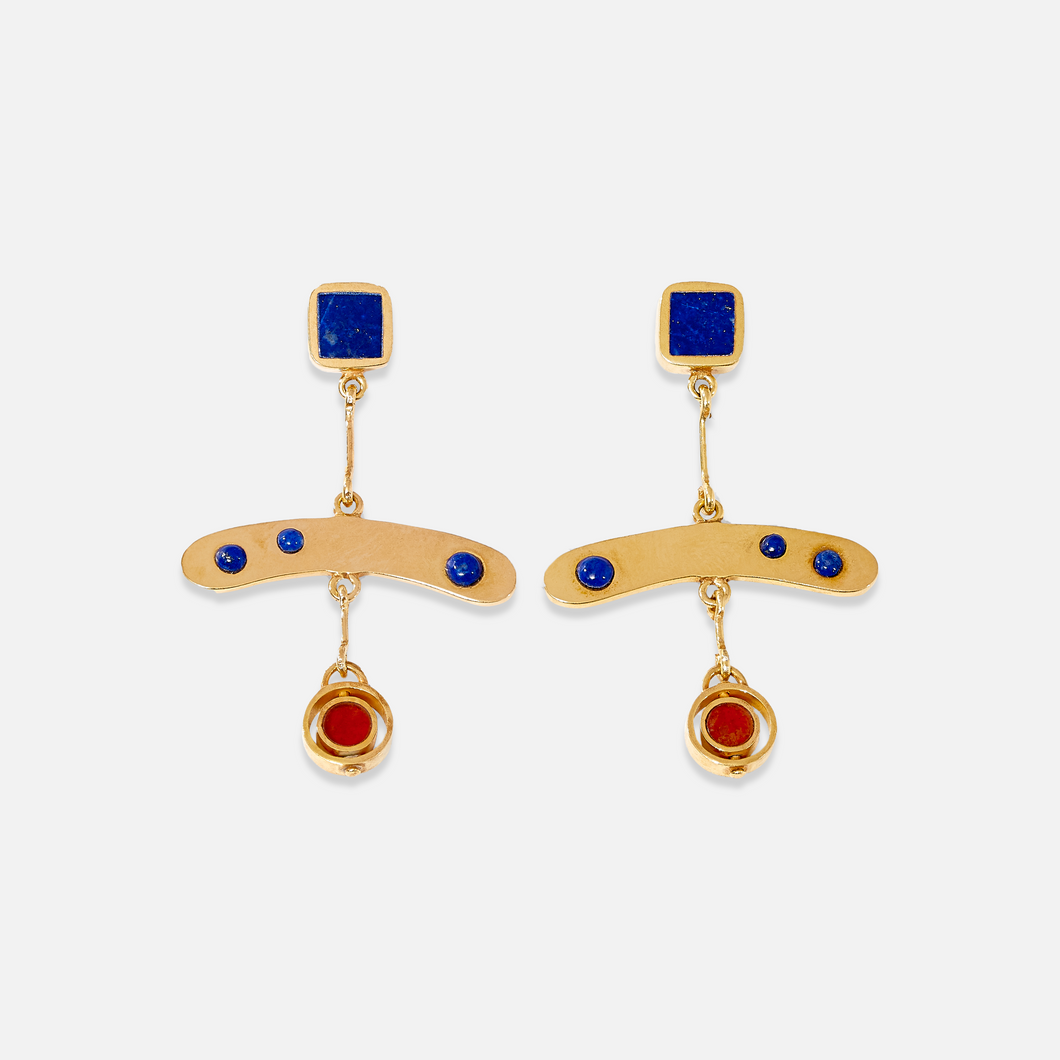 A pair of gold-colored earrings with blue and red gemstones, crafted from sterling silver with gold plating.