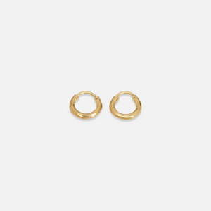 A pair of small gold-colored hoop earrings on a white background