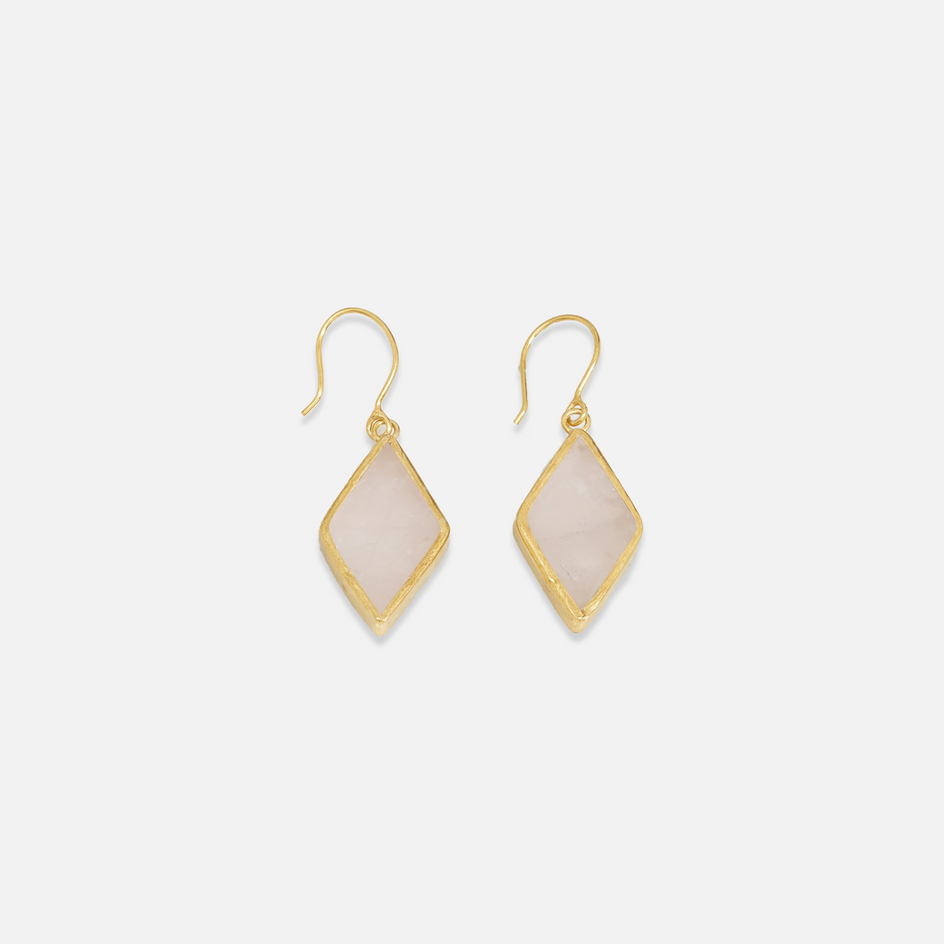 A pair of gold-colored earrings with pink kunzite stones, suspended from hooks.