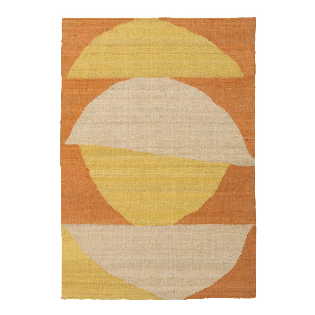 A rectangular area rug with a mid-century modern abstract design featuring large organic semi-circles in pale yellow, cream, and terracotta orange on a natural beige woven background.