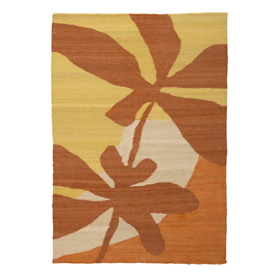 A rectangular area rug with a retro abstract floral pattern in mustard yellow, terracotta, rust orange, and cream, shown flat against a white background.