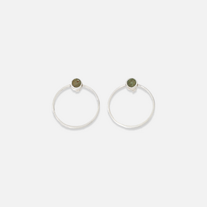 A pair of sterling silver earrings with a Bamiyan turquoise stud detail at the top, displayed against a white background.