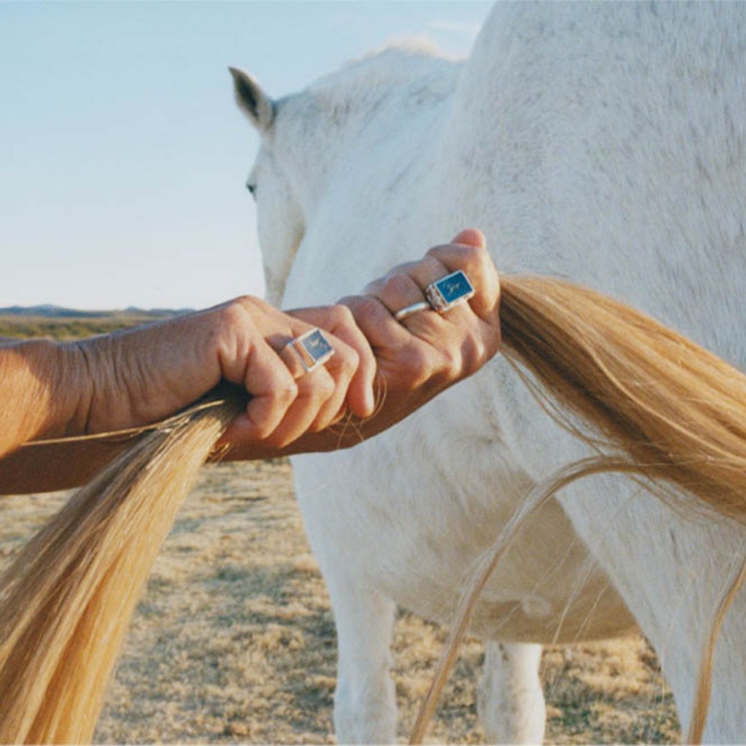 Hands wearing sterling silver filigree rings with pale blue agate, holding a white horse's tail.