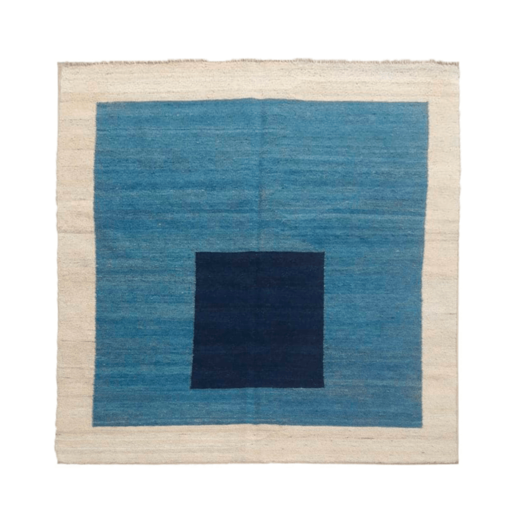 cream and blue square handwoven Afghan wool rug